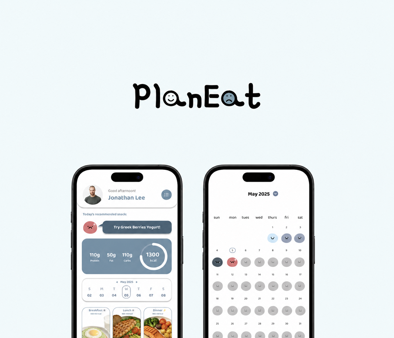 PlanEat home screen and mood calendar shown in two phone mockups.