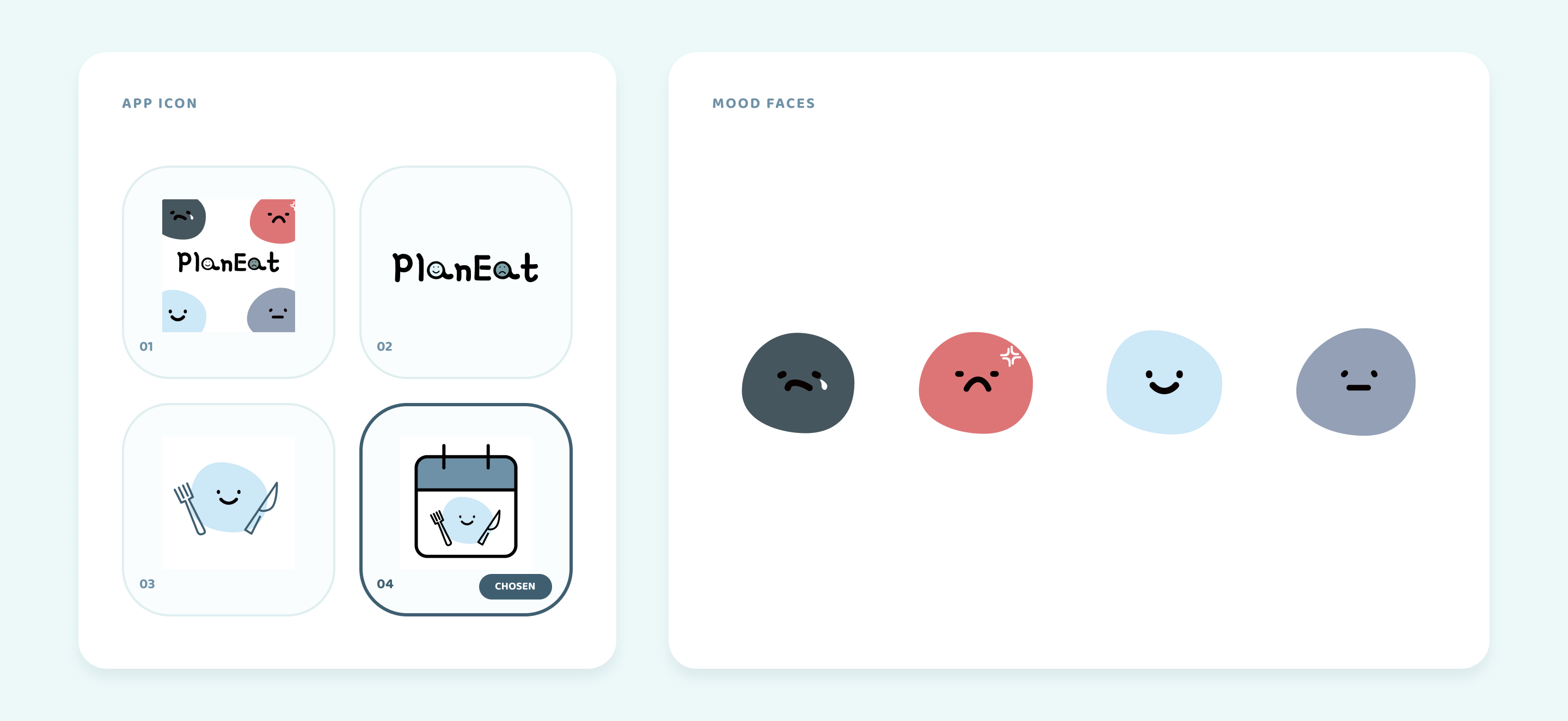 Four icon directions, the one we chose, and the four mood faces.