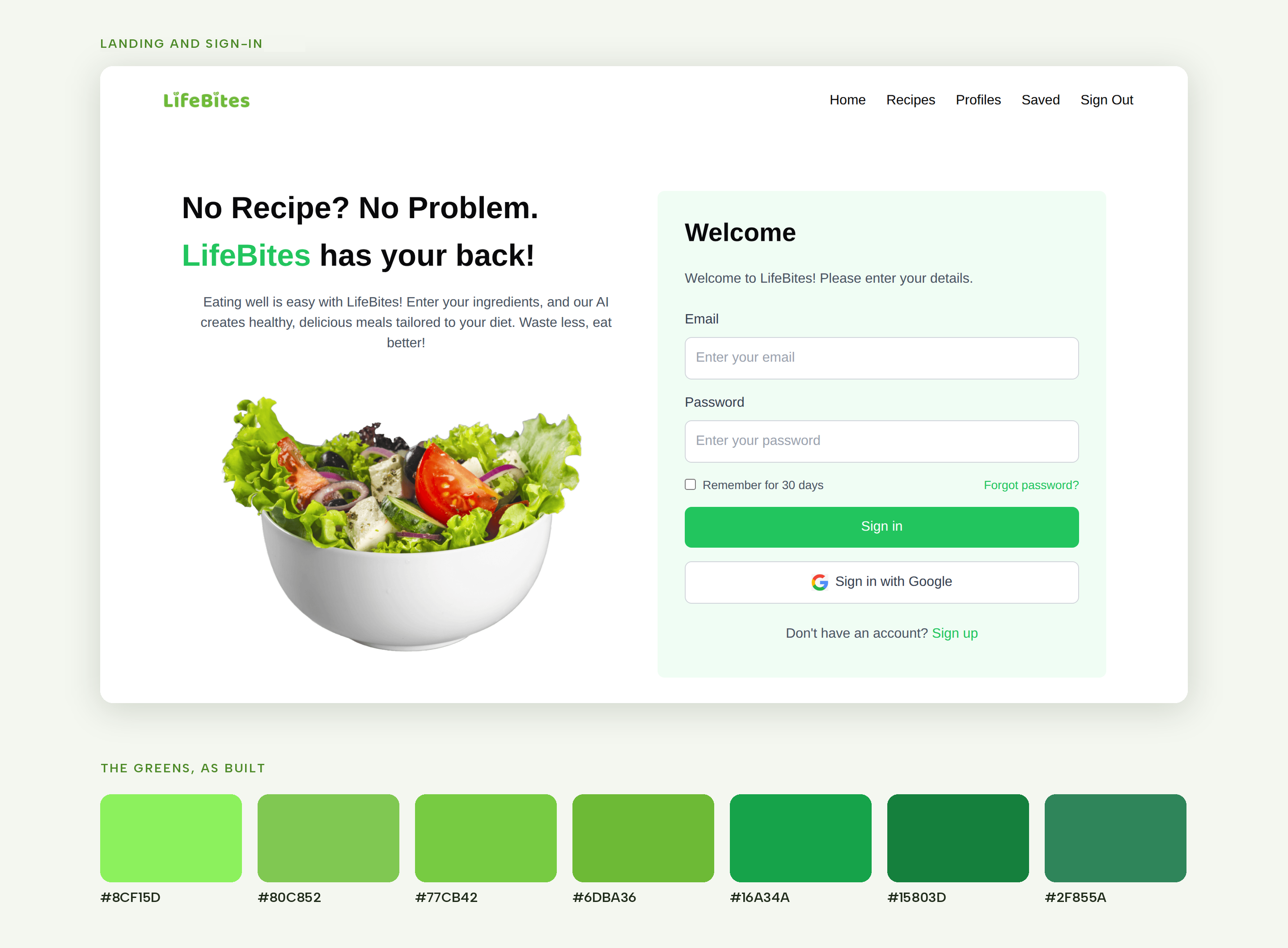The landing page, and the seven greens that ended up in the code.