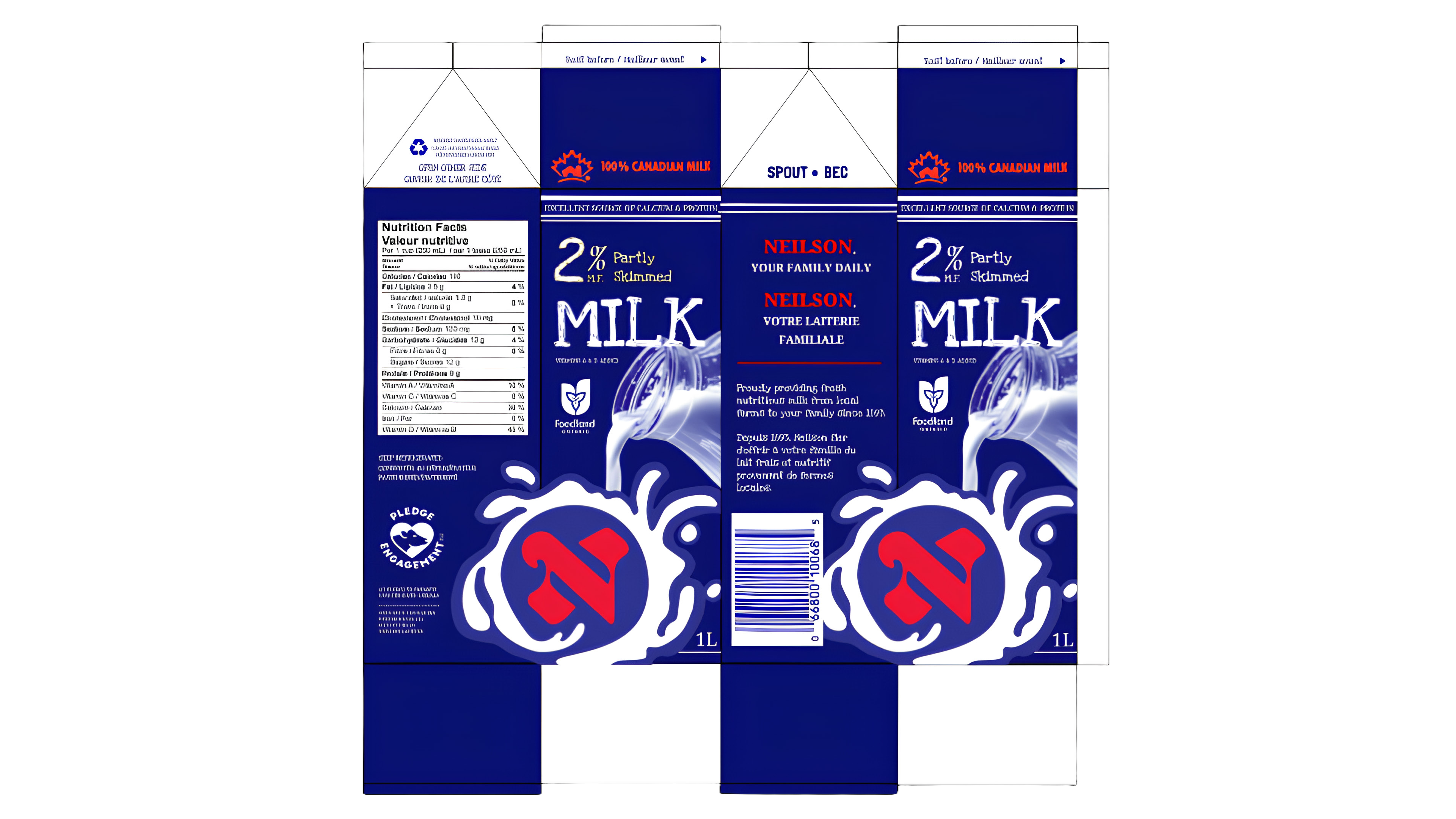 Flat milk-carton packaging concept showing the blue front and side panels, milk splash symbols, nutrition information and fold lines.